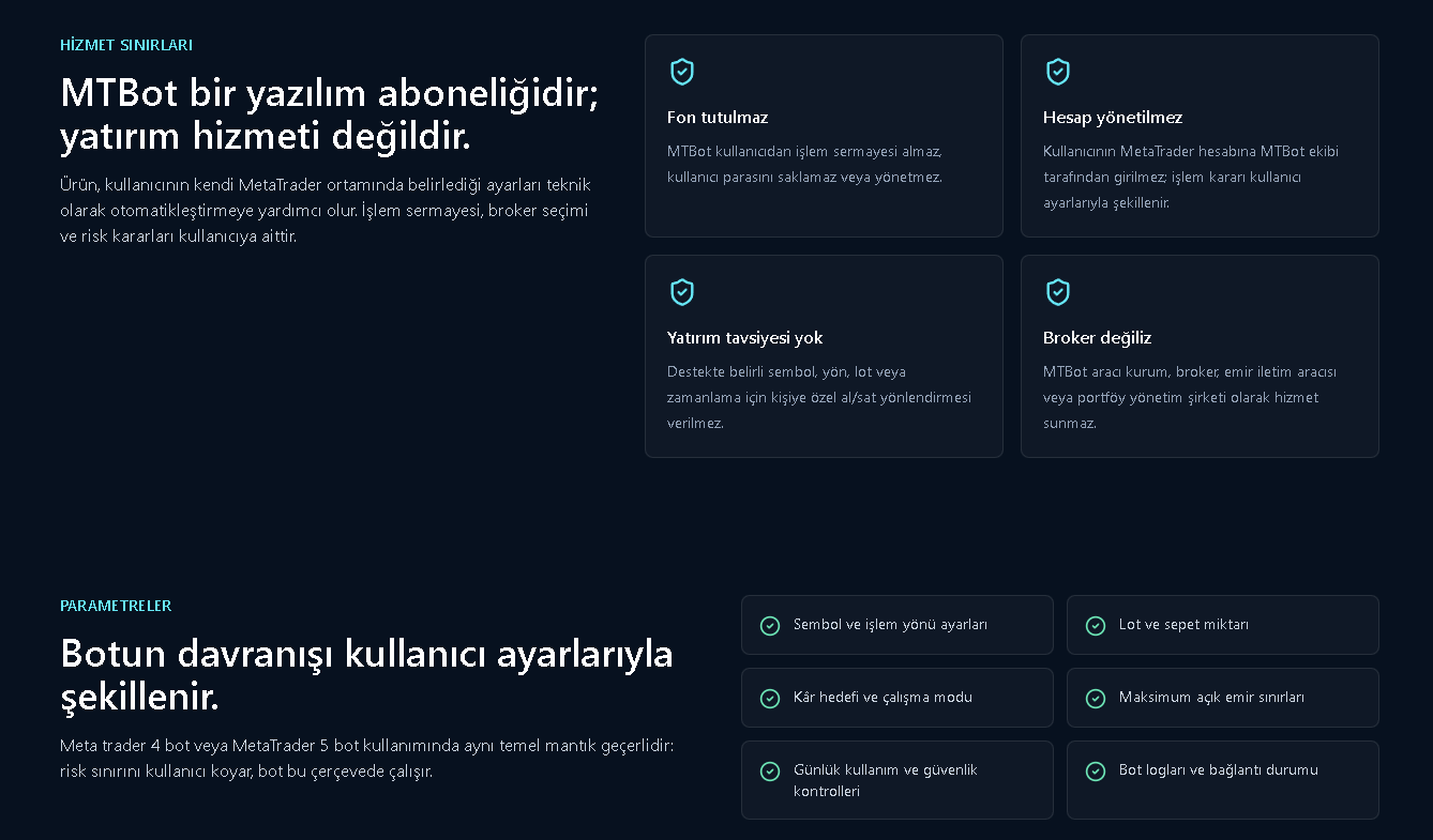 Novirabot hizmet sınırları ve kullanıcı parametreleri
